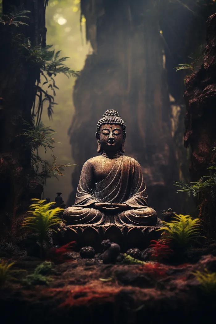 A carved stone Buddha seated in meditation pose on a lotus pedestal in a misty green forest. | PrintPosters.in